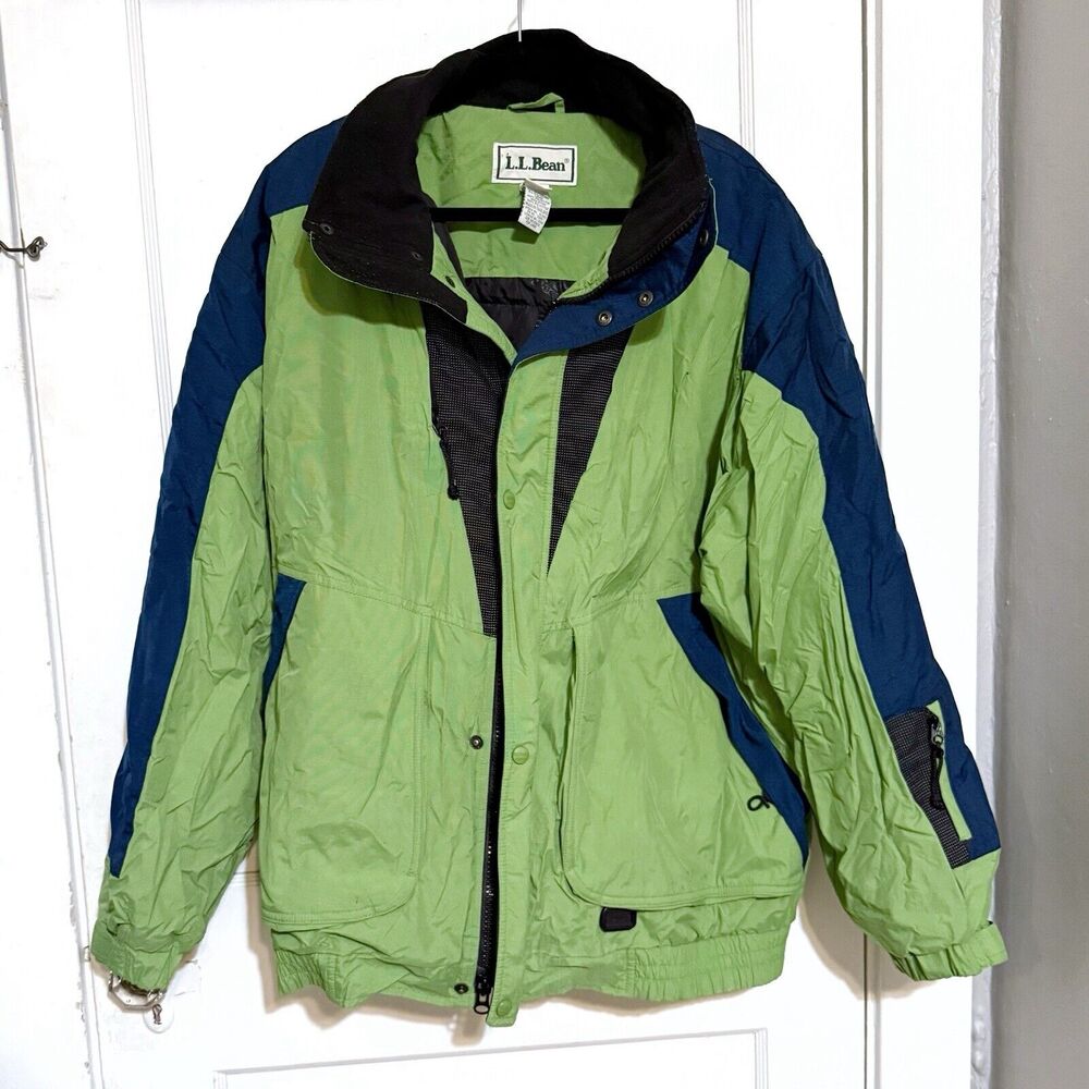 LL Bean Reflective Winter Parka Jacket Full Zip Green Navy Maine Size XL